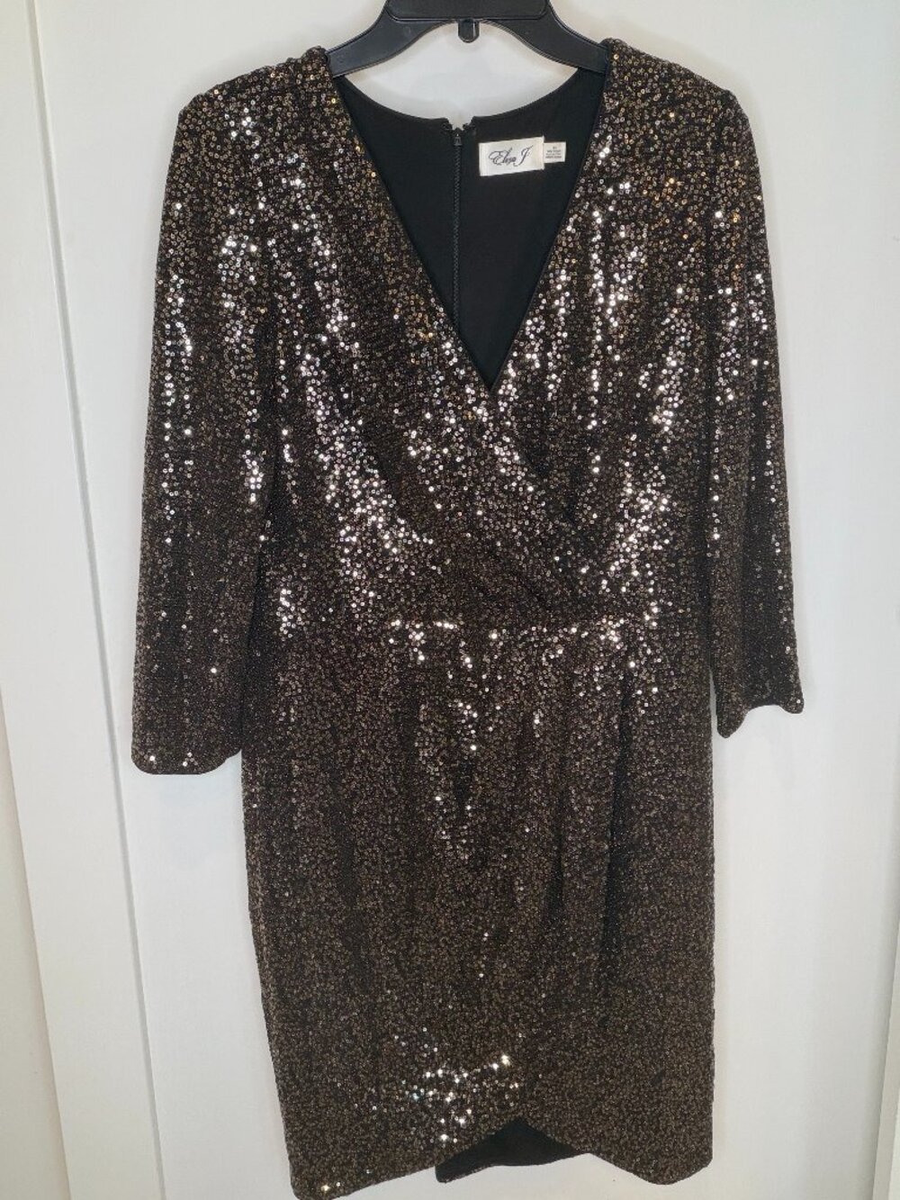 Women's Charcoal Sequin Wrap Mini Dress w/ 3/4 Sleeves Size 14